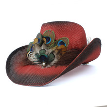 Sombrero de paja ahuecado Retro para mujer, Sombrero de Cowboy del oeste para mujer, bohemios, borla de pluma de pavo real, Sombrero Fedora de playa, Sombrero de Jazz para chica, 2019 2024 - compra barato