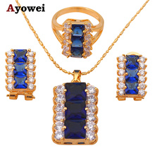 Marca k oro amarillo tono azul circón cristal joyería conjuntos pendientes collar anillo sz #6,5 #8 #9 joyería de moda JS227A 2024 - compra barato