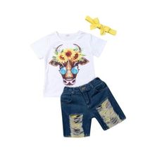 Одежда для маленьких девочек, модная футболка для новорожденных мальчиков и девочек, топы, джинсовые шорты + повязка на голову, комплект одежды из 3 предметов 2024 - купить недорого