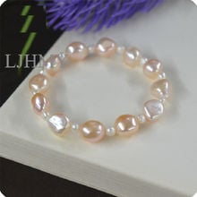 LJHMY-pulsera clásica de perlas cultivadas en agua dulce, brazalete de pepitas elásticas, color rosa, Barroco 2024 - compra barato