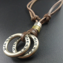 New Arrival Fashion Long Genuine Brown Leather Vintage Hoops Men Pendant Necklace Women Men Male Female Jewelry Wholesale 2024 - buy cheap