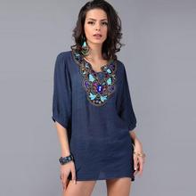 Summer Style New Fashion Plus Size Vintage Bohemian Handmade Embroidery V Neck T Shirt Women Top Casual Blusas Femininas 2024 - buy cheap