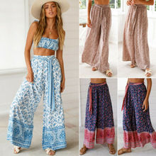 2019 New Hot Summer Fashion Latest Women's Palazzo Floral Wide Leg Pants Sashes High Waist Loose Culottes Long Trousers 2024 - buy cheap