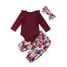Conjuntos de roupas florais para meninas, roupas infantis de algodão com laço para bebês recém-nascidos, macacão, calças, 3 peças 2024 - compre barato