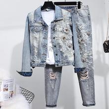 spring autumn new fashion women heavy work beaded embroidery  long-sleeved denim jacket + hole beading jeans two piece sets 2024 - buy cheap