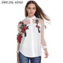 Rosa flor bordado Casual Camisa blanca de manga larga Sexy perspectiva mujeres gasa 2024 - compra barato