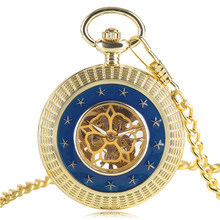 Золотые с синими звездами полые чехол Механические карманные часы римские цифры Цветок Скелет ручной работы механические Fob часы для мужчин 2024 - купить недорого