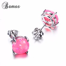 Bamos Ladies Pink/White/Purple/Blue Stud Earrings Small Round Opal Earrings Jewelry Fashion Silver Color Earrings For Women 2024 - buy cheap