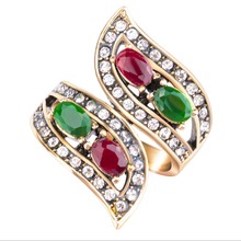Винтажные красные и зеленые кольца из смолы для женщин, античное золото стразы, обручальное кольцо, аксессуары для вечерние, турецкие ювелирные изделия 2024 - купить недорого