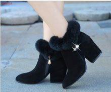 High Heels Women Suede Boots Warm Faux Fur Zip Chunky Heel Pointed Toe Ladies Short Botas Solid Crystal Female Footwear 2024 - buy cheap