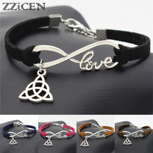 Novo triângulo bonito tibetano infinito amor triquetra símbolo do três nó berloque de couro pulseiras joias 2024 - compre barato