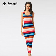 2018 Summer Dress Round Neck Sleeveless Slim Long Dresses Rainbow Color Striped Bodycon Casual Sheath Dress Plus Size chifave 2024 - buy cheap