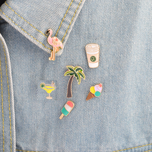 Broche esmaltado coco com flamingo, copo de café, broche criativo de chá e sorvete, camisa jeans com alça e fivela 2024 - compre barato