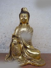 Frete grátis 11 "china bronze dourado guanyin bodisatva confortável estátua de buda kwan-yin 2024 - compre barato