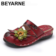 Beyarne sandálias de flor, sapatos de couro genuíno, chinelos artesanais femininos, plataforma, tamanhos grandes 2024 - compre barato