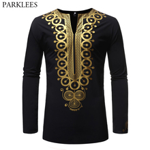 Men's Hipster Dashiki Bazin Riche Dress Shirts Luxury Gold Floral Print Long Sleeve Mandarin Collar Shirt Men African Clothing 2024 - buy cheap