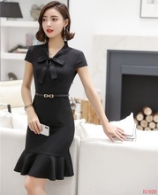 New 2019 Summer Style Fashion Women Black Dresses Short Sleeve Office Ladies Work Dress with Belt Female Clothes 2024 - buy cheap