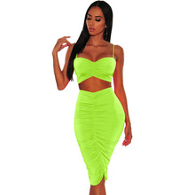 Sexy Ruched Two Piece Set Neon Club Outfits Women Festival Strap Crop Top + Midi Skirt Set 2020 Summer Party Wear Matching Sets 2024 - buy cheap