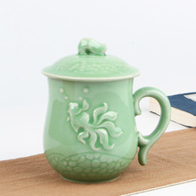 Longquan Teacup Celadon Teaset Ceramic Glaze Tea Mug with Lid Chinese Kung Fu with Fish Pattern Elegant Office Tea Cup 2024 - buy cheap