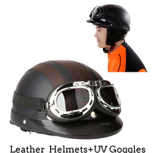 Мотоциклетный шлем, мотоциклетный скутер с открытым лицом, полукожаный шлем с козырьком, УФ очки, Ретро винтажный стиль, шлем для мотокросса 2024 - купить недорого
