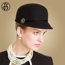 FS British Style Black 100% Wool Equestrian Hats Womens Winter Wool Felt Floppy Fedora Rhinestone Wide Brim Bowler Cloche Hat 2024 - buy cheap