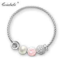 Bracelets Link Chain White Zircons and Pink Bead 925 Sterling Silver Fashion Jewelry For Women  Gift Europe Karma Bracelet 2024 - buy cheap