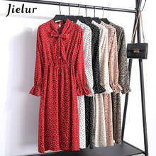 Jielur-vestido de gasa con lazo para mujer, ropa elegante con estampado de flores, manga acampanada, color negro, rojo y blanco, Primavera 2024 - compra barato