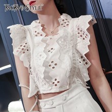 TWOTWINSTYLE Casual Hollow Out Women T Shirt Square Collar Sleeveless Off Shoulder Ruffles Bowknot Crop Tops Female Summer 2020 2024 - buy cheap