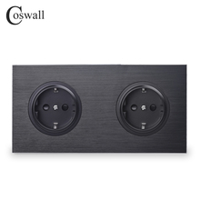 Coswall Brushed Black / Silver Grey Aluminum Metal Panel Double EU Russia Wall Socket Grounded With Children Protective Door 2024 - buy cheap