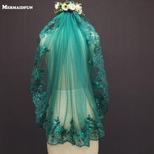 Novo véu de casamento de tule verde com pente em borda de renda de uma camada de 0.9 metros 2024 - compre barato