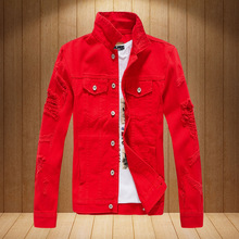 Spring 2019  Red  Hip Hop Denim Jacket Men Windbreaker Streetwear Ripped Jeans Jacket Homme Casual Bomber Jacket 2024 - buy cheap