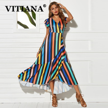 VITIANA-Vestido largo informal a rayas para mujer, vestido Sexy de verano con manga con volantes, cuello en V, para playa y fiesta, Vesdios, 2019 2024 - compra barato