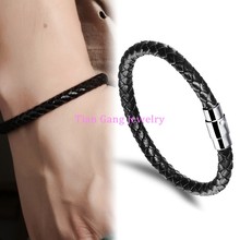 Black Genuine Leather Bracelets For Man Vintage Genuine Leather Knitted + Steel Clasp Men Jewelry Fashion Bangle 2024 - buy cheap