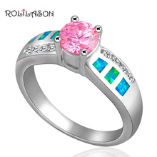 Женское посеребренное кольцо с розовым кристаллом, с голубым огненным опалом, Размер 7,5 #6,5, OR304 2024 - купить недорого
