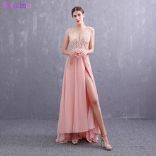 2019 New Arrival Sexy V Neck Peach Evening Dresses See Through Lace Applique Backless Side Slit Long Evening Gown 2024 - buy cheap