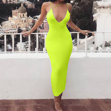 Neon New Sleeveless Spaghetti Strap Midi Dress Night Club Fluorescent Backless V-Neck Dresses Bodycon Long Robe 2024 - buy cheap