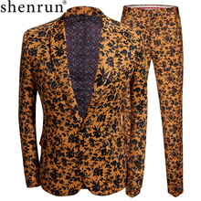 Shenrun Fashion Men Slim Fit Suits Orange Black Floral Print Wedding Mens Suit Jacket Stage Costume Singer Casual Blazer 2024 - buy cheap