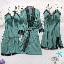 Women's Sexy Robe & Gown Sets Lace Bathrobe + Night Dress 4 Four Pieces Sleepwear Womens Sleep Set Faux Silk Robe Femme Lingerie 2024 - buy cheap