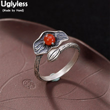 Uglyless-anillos de hojas de loto hechos a mano para mujer, Plata de Ley 925 100% auténtica de plata tailandesa al aire libre, anillo de dedo de ágata, joyería fina, gemas 2024 - compra barato