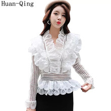 Blusa de encaje para Mujer, camisa de manga larga con cuello en V, con volantes ahuecados, color blanco y negro, estilo coreano, 2019 2024 - compra barato