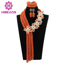 Нигерийские женские свадебные оранжевые хрустальные цветы, африканские бусы, ювелирный набор, женское массивное ожерелье, серьги, бесплатная доставка ABL605 2024 - купить недорого