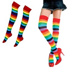 Woman Girl Autumn Colorful Ring Rainbow Stockings Striped Velvet Thigh Highs Rainbow Bright Halloween Cosplay Costume 2024 - buy cheap