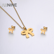 AENINE Fashion Stainless Steel Sets For Women Girls Bowknot Shape Necklace Earrings Jewelry Lover's Engagement Jewelry 2024 - buy cheap