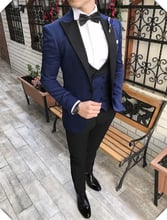 Custom Made Groomsmen Slim Fit Groom Tuxedos Peak Black Lapel Men Suits Wedding Best Man ( Jacket+Pants+Bow Tie+Vest ) C412 2024 - buy cheap