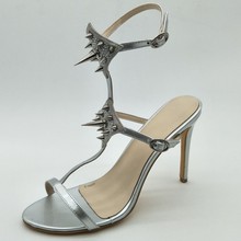 SHOFOO shoes,Beautiful  stylish women's shoes , silver leather, decorative diamond rivets, 11 cm high heel sandals. SIZE:34-45 2024 - buy cheap