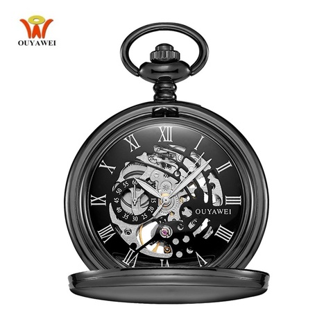 OUYAWEI Античный стимпанк Рука обмотки черный кармашек для часов Часы для мужчин Винтаж Скелет Рука Ветер Механические карманные часы для подарка 2022 - купить недорого