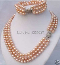 Natural freshwater cultured pearls 3Rows 6-7mm Pink  Necklace Bracelet set 2024 - buy cheap