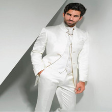 Terno masculino lapela mandarim 2020, novo terno para noivado, branco, padrinho, casamento, baile, jaqueta + calça + gravata + colete 2024 - compre barato