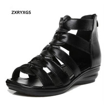 Elegant Light Comfort Black Cowhide Leather Sandals 2022 New Plus Size Open Toe Roman Sandals Flat Wedges Sandals Women Shoes 2024 - buy cheap