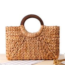 Wooden ring Portable Women straw Bag Korean Foreign of Corn Skin RETRO Art Beach Bag Travel Pictures Props Straw Bag Moon Bag 2024 - buy cheap